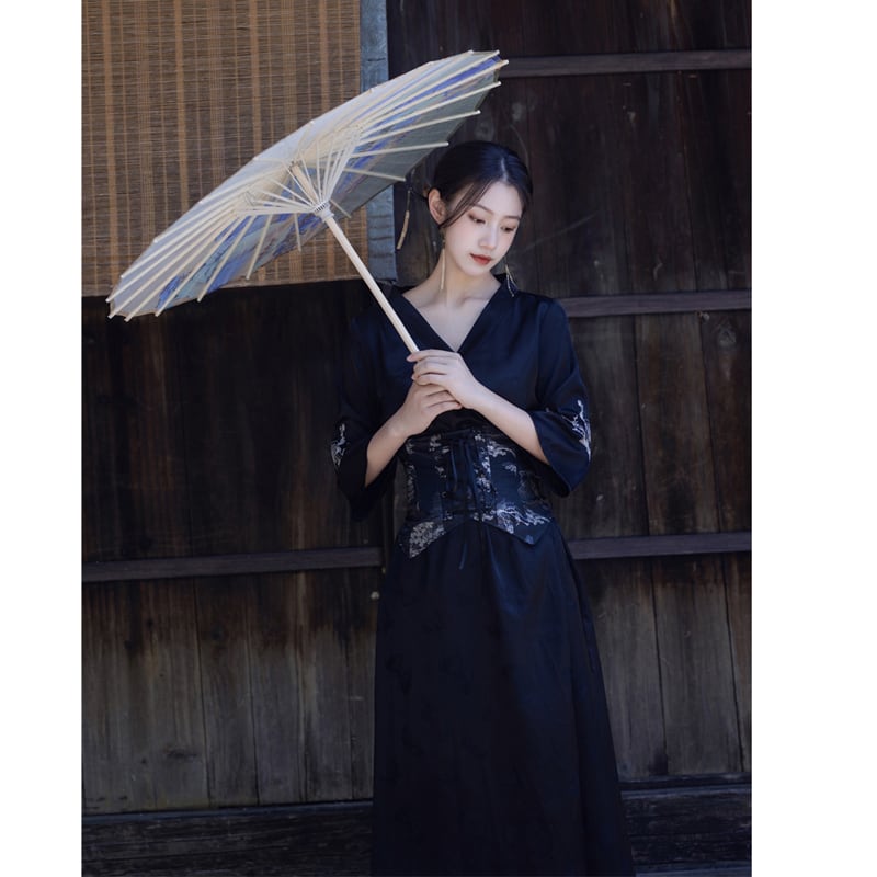 [Az Suna Series] ★Chinese style dress + obi★ Hanfu dress V neck S M L XL date girls' night out black black