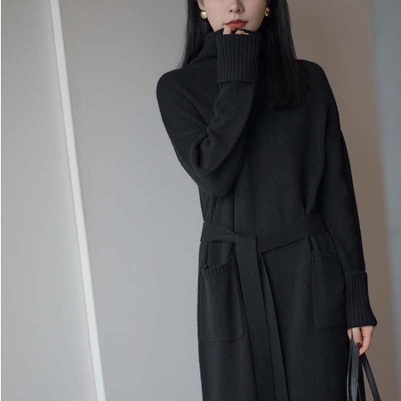 Autumn/winter knit dress, long length, simple, slimming, commuting, office lady, black, gray, pink, SML, XL