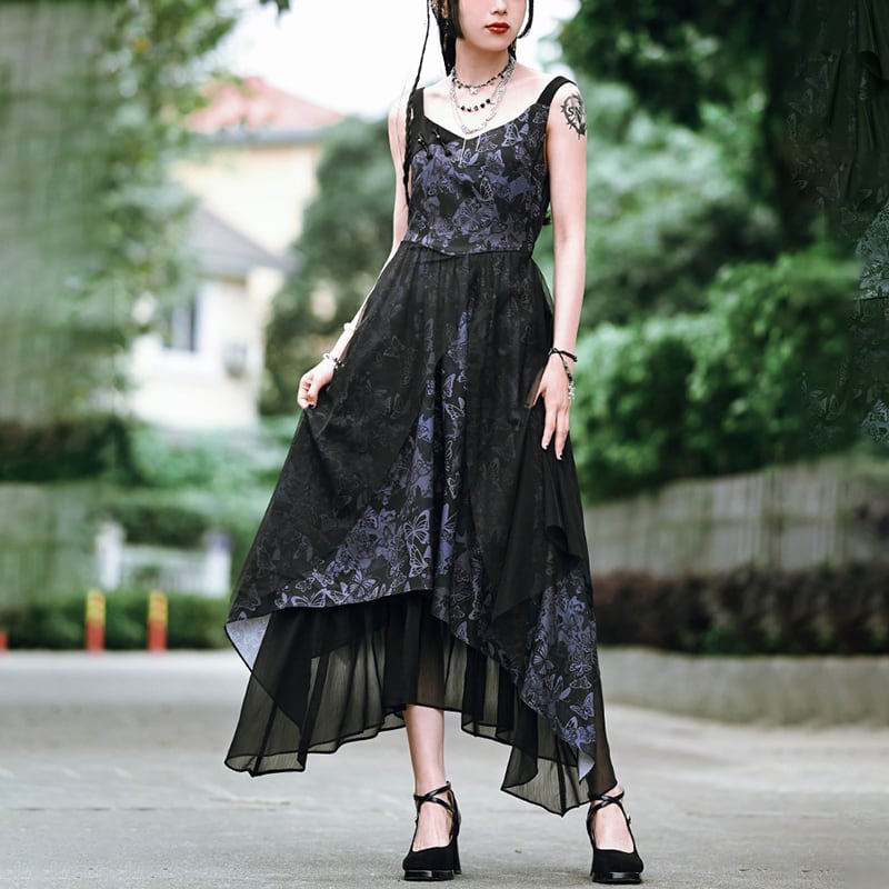 [Ancient monster house --- Butterfly series] ★China style dress★ Hanging dress Butterfly pattern print Long length Cute