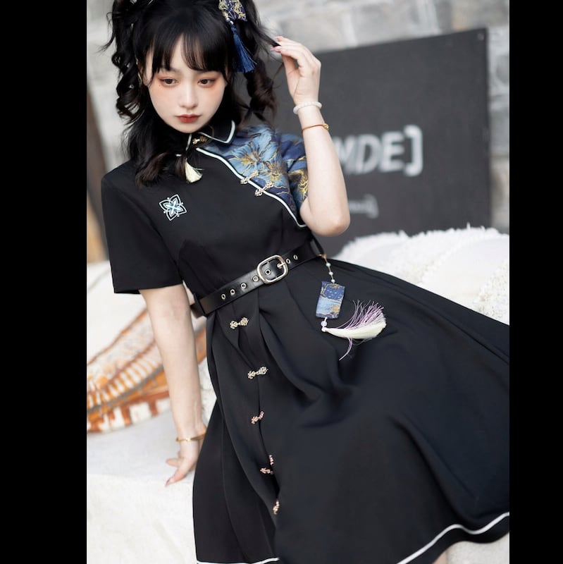 [Dust Smoke Cloud Dream --- Nightless Castle Series] ★China style dress★ Switching floral pattern black black irregular short sleeve SML original