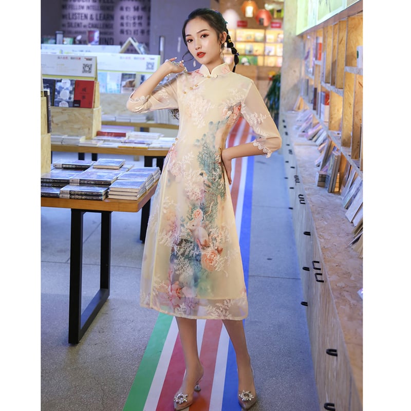 [Iga series] Improved Chinese dress in 3 colors, medium sleeves, beige, blue, pink, floral pattern, elegant