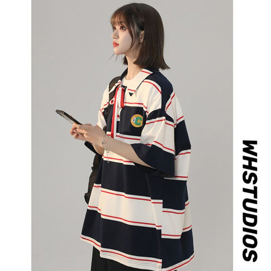 [CHAOMEICHEN Series]★Polo shirt★ 3color tops, short sleeve T-shirt, unisex, men's, striped pattern, horizontal stripes