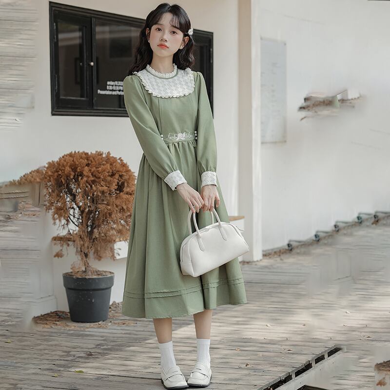 [Ali Series]★Chinese style dress★ Embroidery long sleeve dress Women's Switchable Easy to match Cute Green