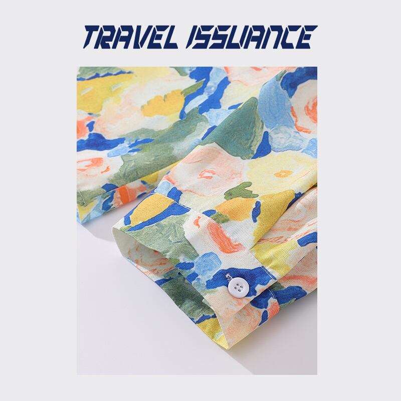 [TRAVEL ISSUANCE Series] ★Floral pattern shirt★ Long sleeve shirt tops, unisex, men's, yellow, blue, oil painting style, cute