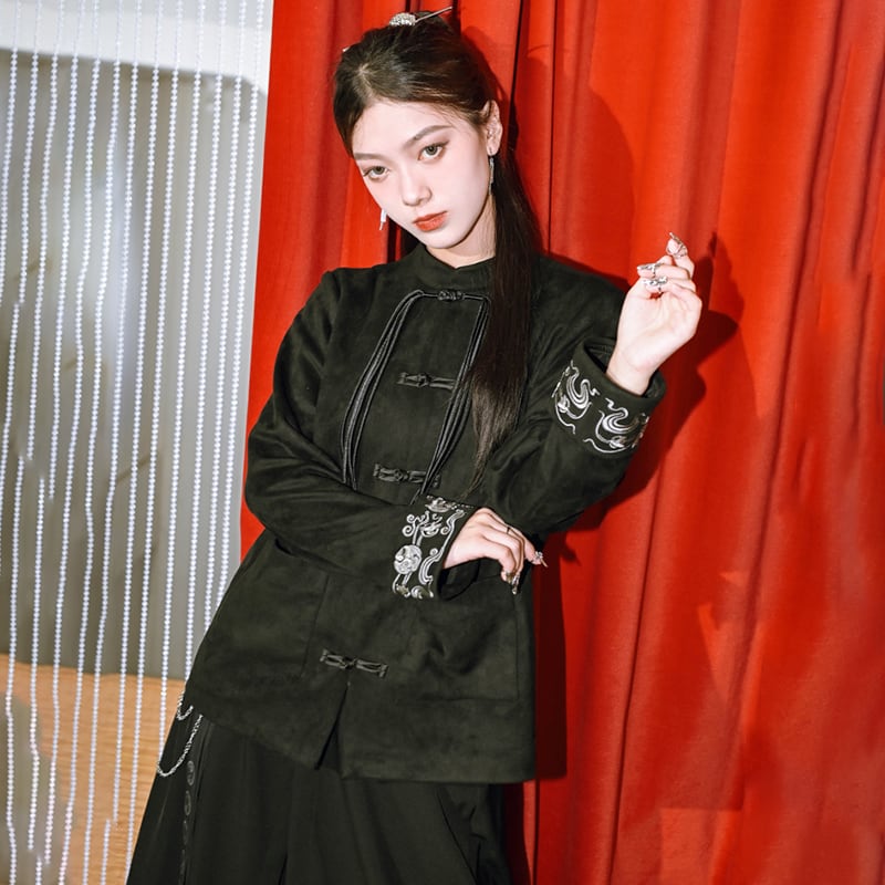 [Old Monster---Gold Series]★China style outerwear★Jacket suede black black retro