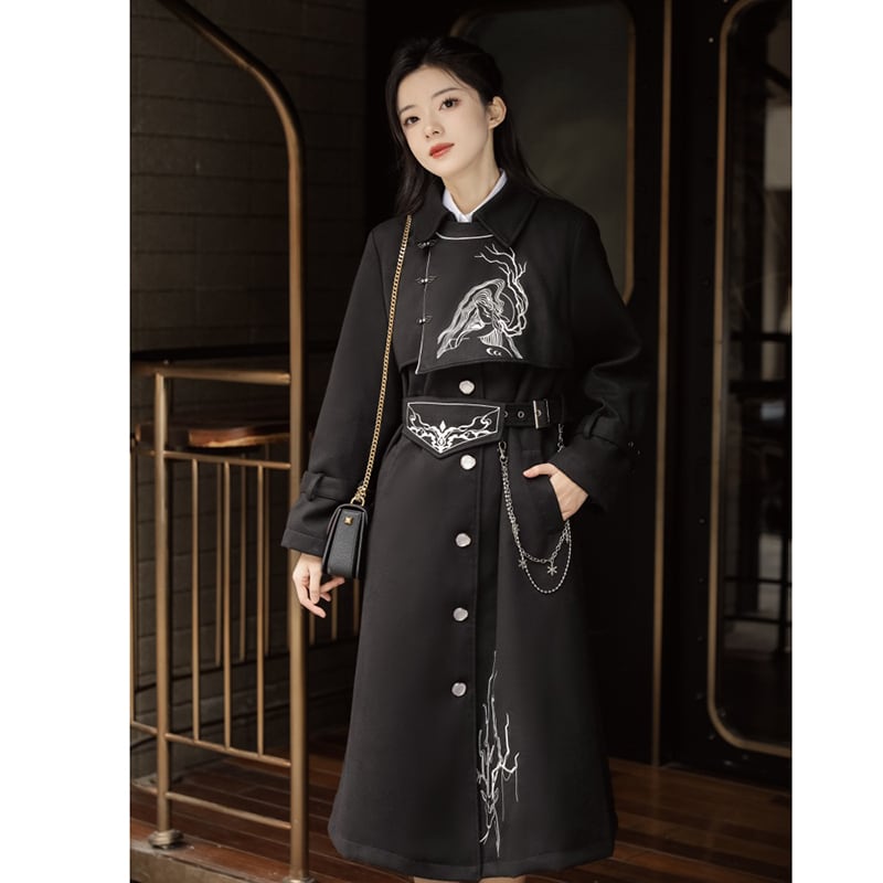 [Hanru First---Beisheng Series] ★China style coat★ Long outerwear with chain embroidery Black Black SML