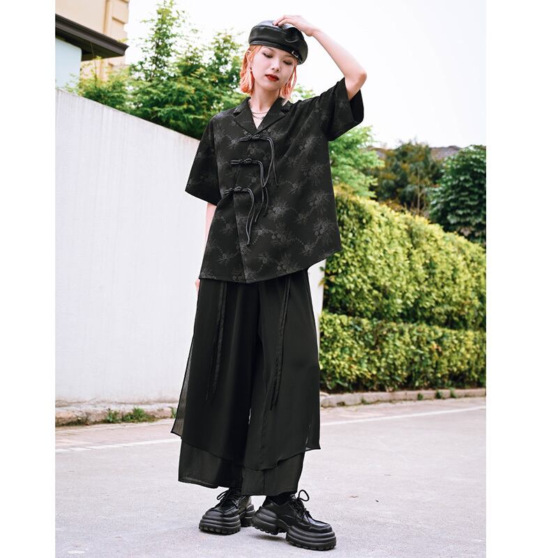 [Ancient monsters --- Ink series] ★China style shirt★ Tops Short sleeve shirt Black Black China button