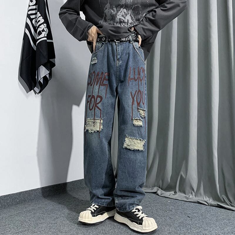 [HANLICHEN Series]★Denim Pants★ Casual Pants Trousers Bottoms Large Size Unisex Men's Graffiti Harajuku Style