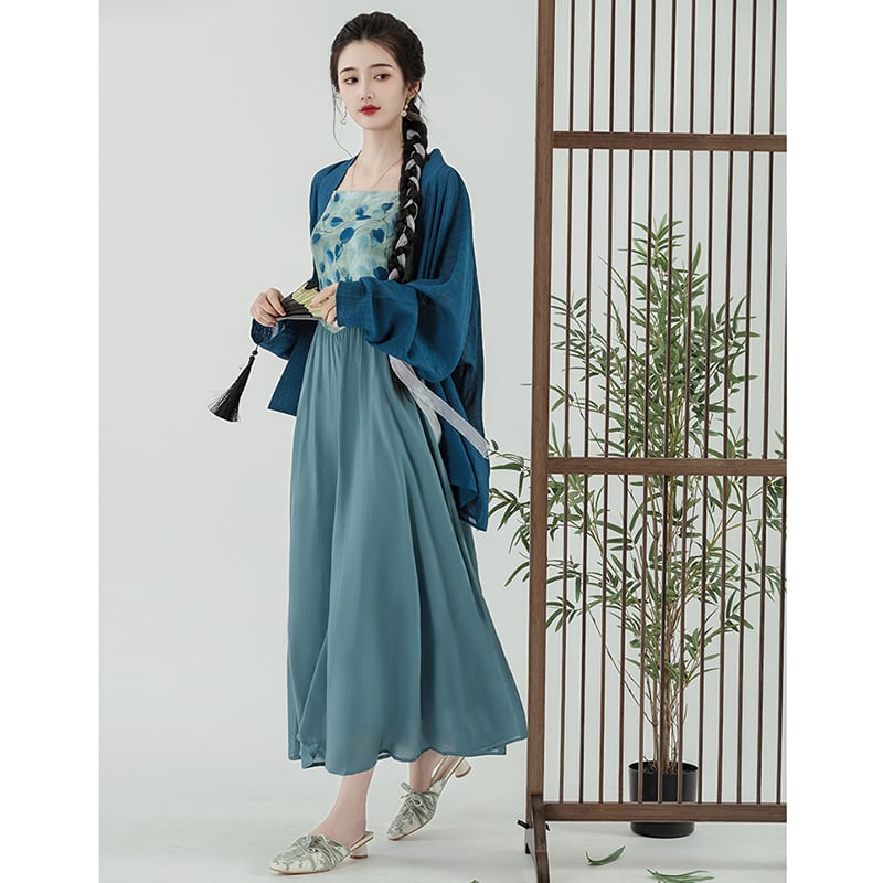 [YIYUN Series] ★Chinese style setup★ 2-piece set Happi coat + hanging dress Chinese clothes Blue Blue