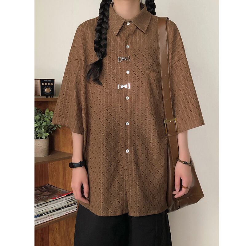 [KKTLL Series]★Shirt★ Thin Transparent Tops Unisex Men's Short Sleeve Shirt ML XL Coffee Color