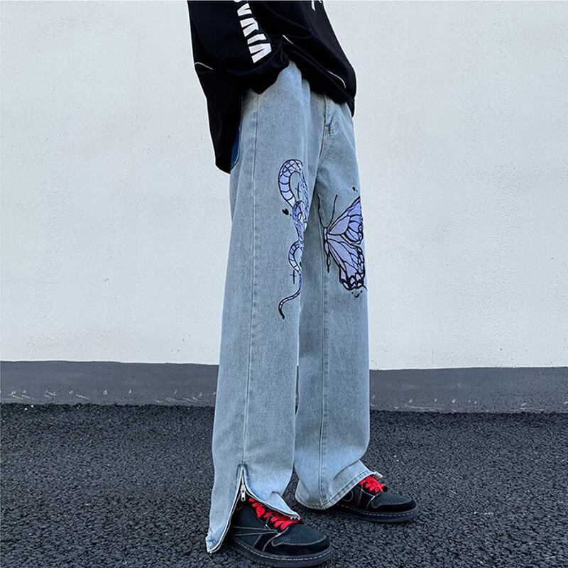 [YANDAN Series]★Denim Pants★ Bottoms Pants Unisex Men's Embroidery Butterfly Blue Blue Large Size