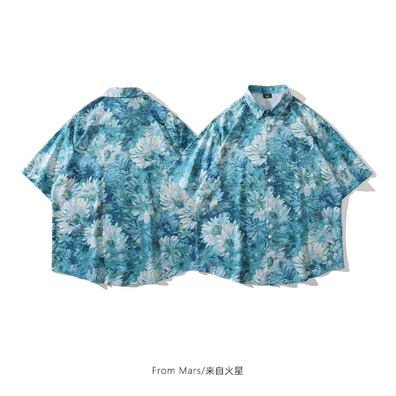 [MOISHE TIDE Series]★Shirt★ Print Oil Painting Style Summer Unisex Floral Pattern Blue Blue ML XL 2XL Easy to match