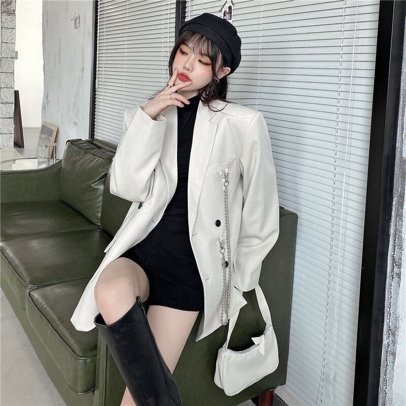 [Miyakoya Series]★Blazer with chain★ 2color black or beige outerwear unisex costume retro simple