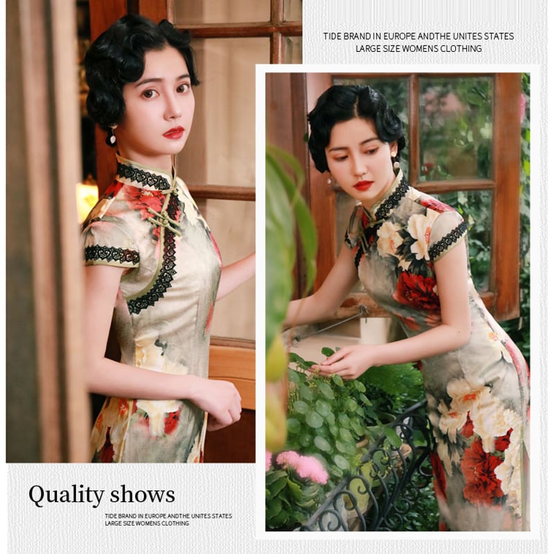 Long Chinese Dress, Chinese Style Dress, Long Dress, Large Size, Republic Style, Photography, Entrance Ceremony, After-Party, Floral Pattern, Feminine, Beautiful Silhouette