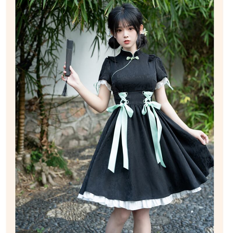 [Shukunsho Series] ★Chinese style dress★ Improved cheongsam dress Black Black Hanfu dress