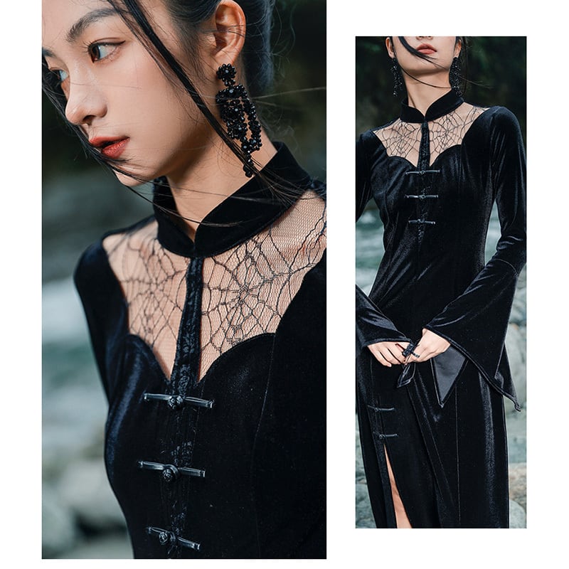 [Big Blue Dragon Series] ★China style dress★ Long length velvet sexy black slit long length