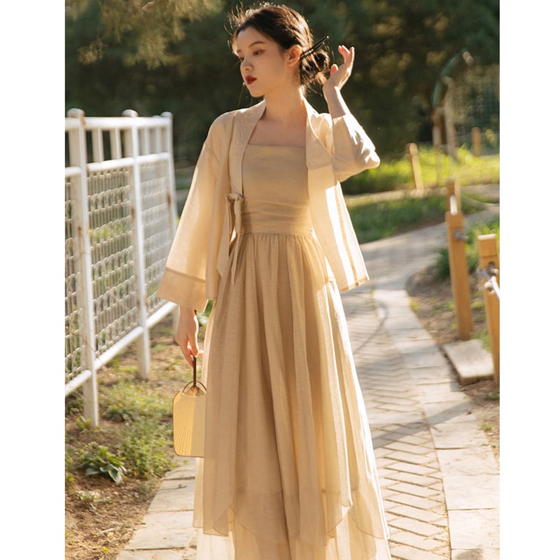 [Az Suna Series] ★Chinese style setup★ Improved Hanfu Thin outerwear + Hanging dress 2color Beige Purple