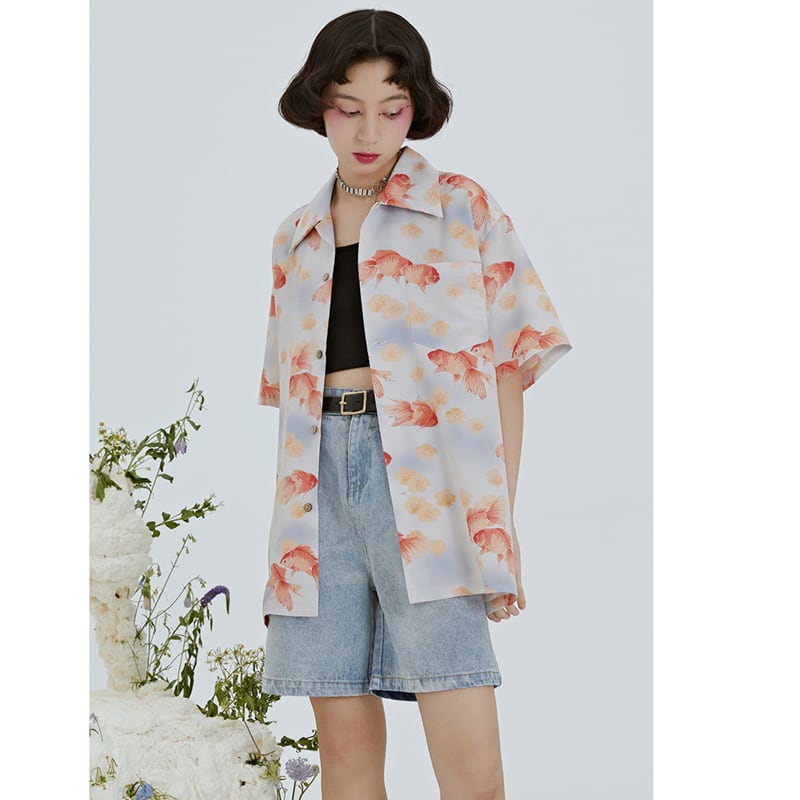 [Yangji Great Dream Series]★China style shirt★ Tops Goldfish print short sleeve shirt Cute cool summer clothes