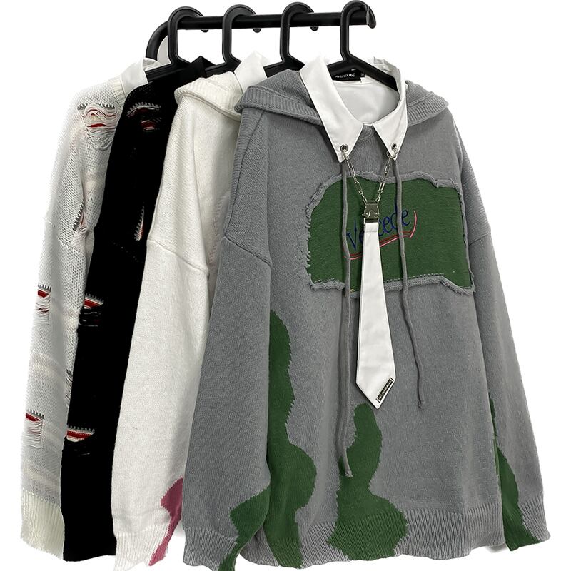 [GUOCHAO Series] ★Sweater★ 2color Tops Parka Unisex Men's Switching Retro Gray White