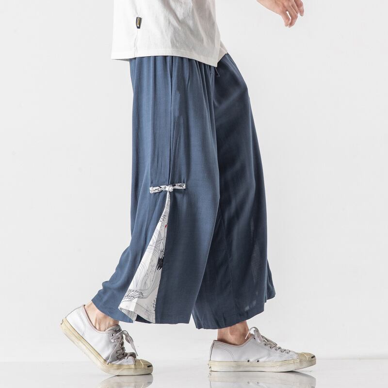 [Mowensai Series]★China style trousers★Men's 3color cotton crane print loose large size black white blue