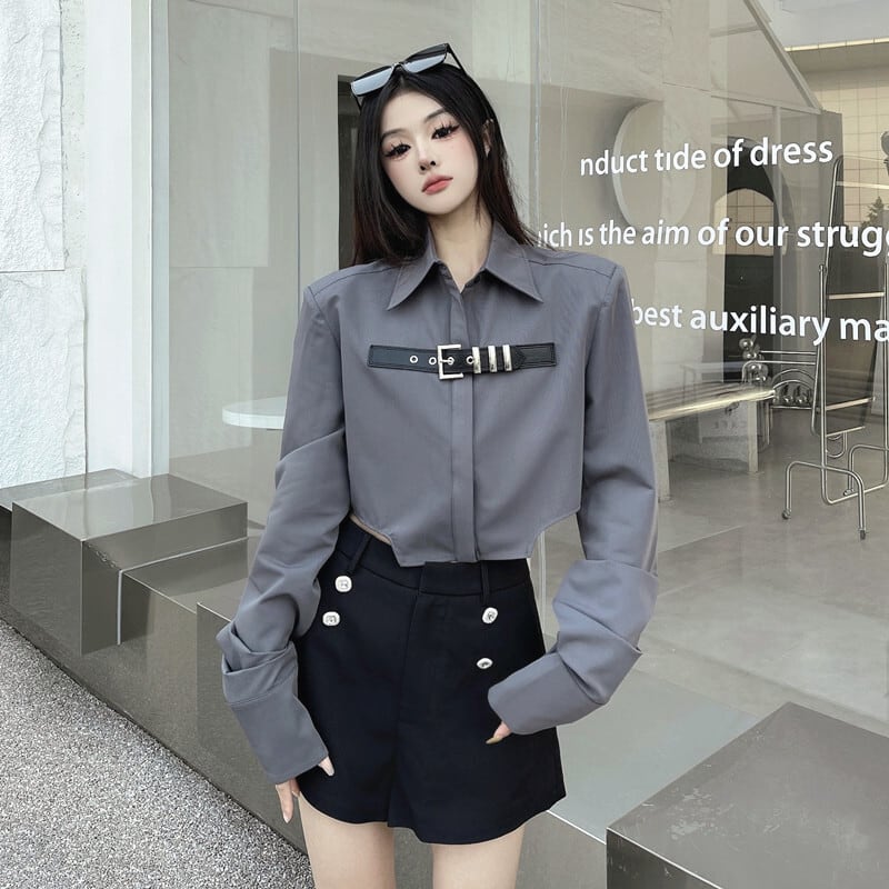 [Style Series]★Shirt★ Tops Short Length Long Sleeve Gray Gray Women's Unique Slimming Fashionable SM