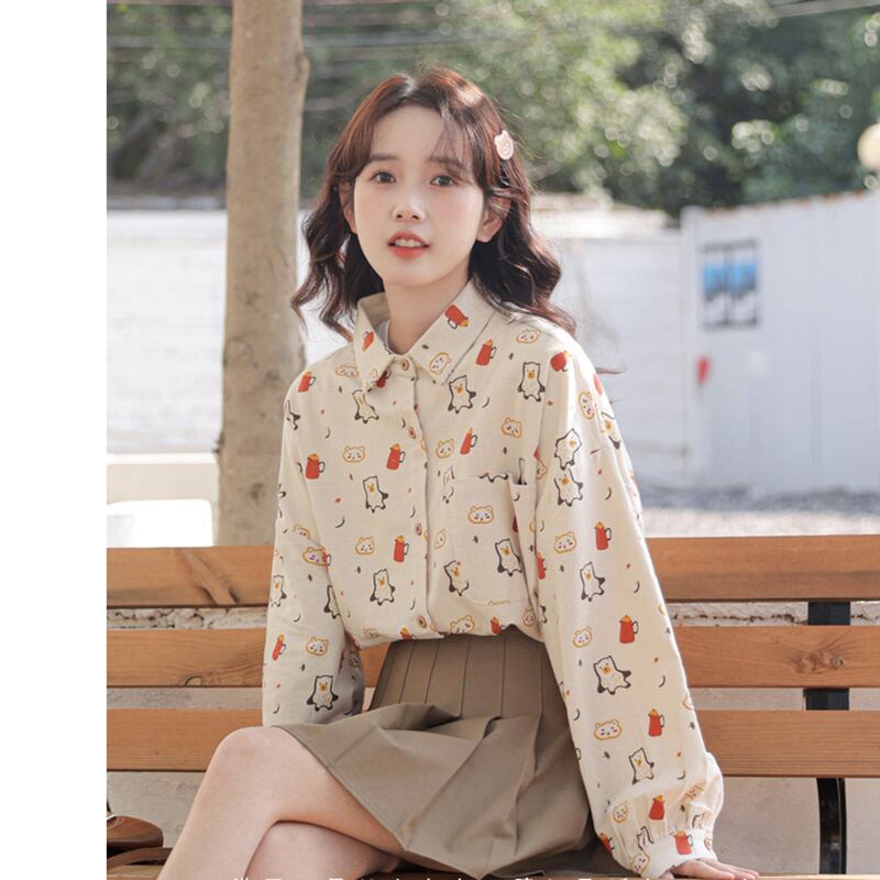 [Mago Series]★Shirt★ 3color Tops Penguin Long Sleeve Shirt Print Loose Cute SML