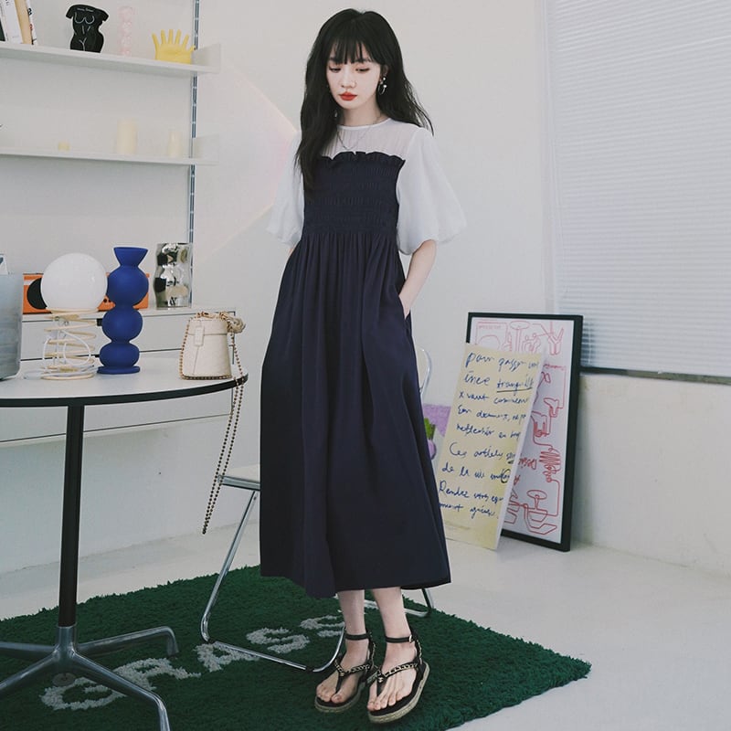 [HANXI Series] ★One Piece★ Switching Chiffon Summer Temperament Up Date Commuting OL Office Navy SML XL 2XL