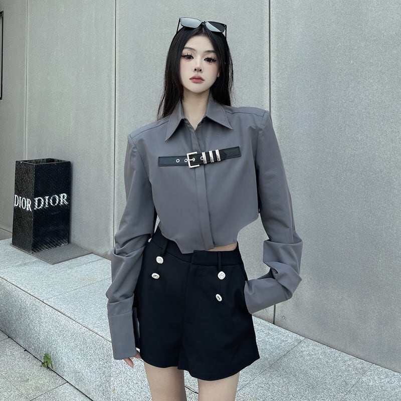 [Style Series]★Shirt★ Tops Short Length Long Sleeve Gray Gray Women's Unique Slimming Fashionable SM