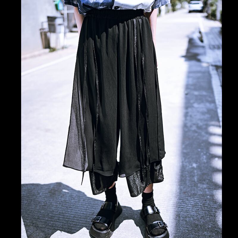 [Kokaisha Series] ★China style pants★ Chiffon gaucho pants Spring/Summer Loose Black Black SML XL