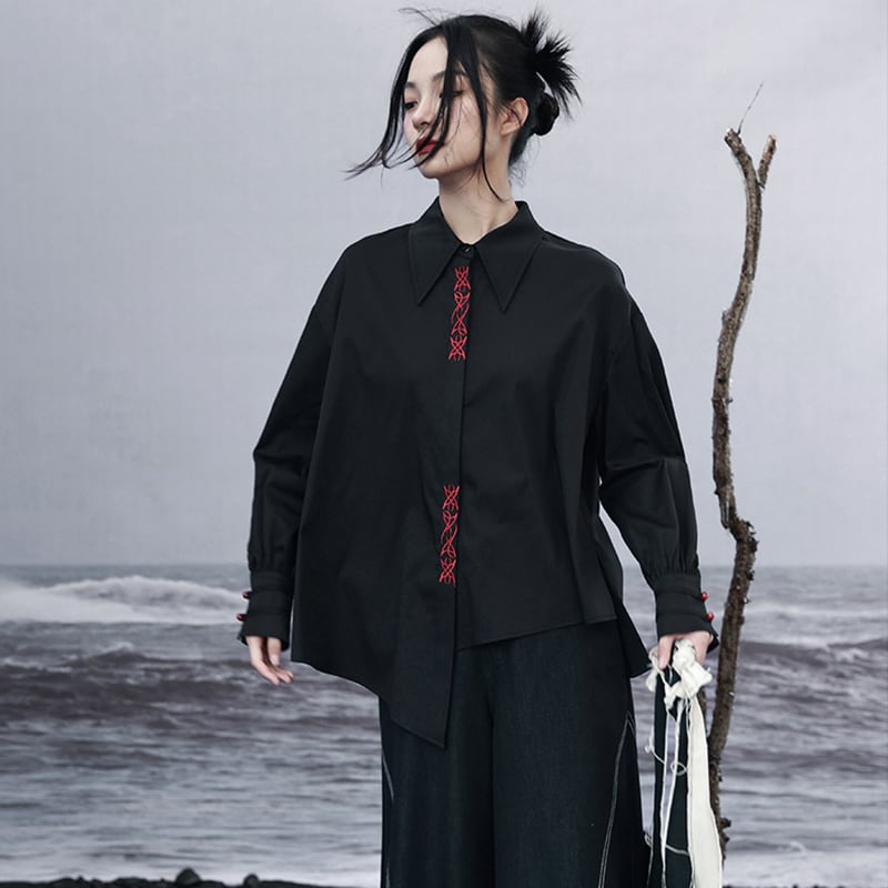 [Da Qinglong Shu Series] ★Chinese style shirt★ Embroidery Chinese clothing Original Black Black Unique Cotton Easy to match