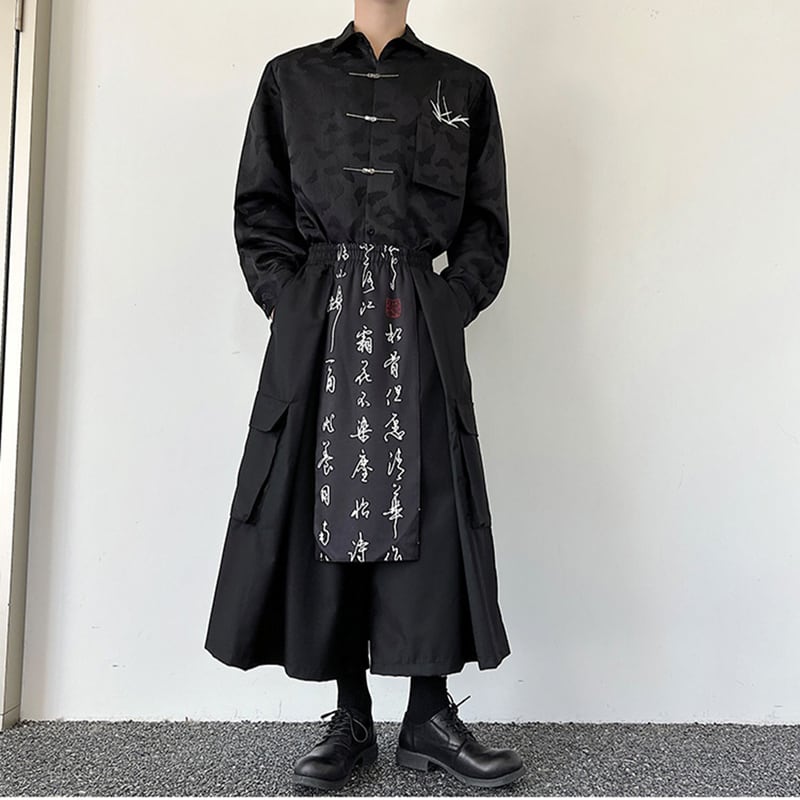 [Illustrated series]★China style trousers★ Gaucho pants, Kanji pattern, unisex, men's, nine-quarter length, black, black, fake layered