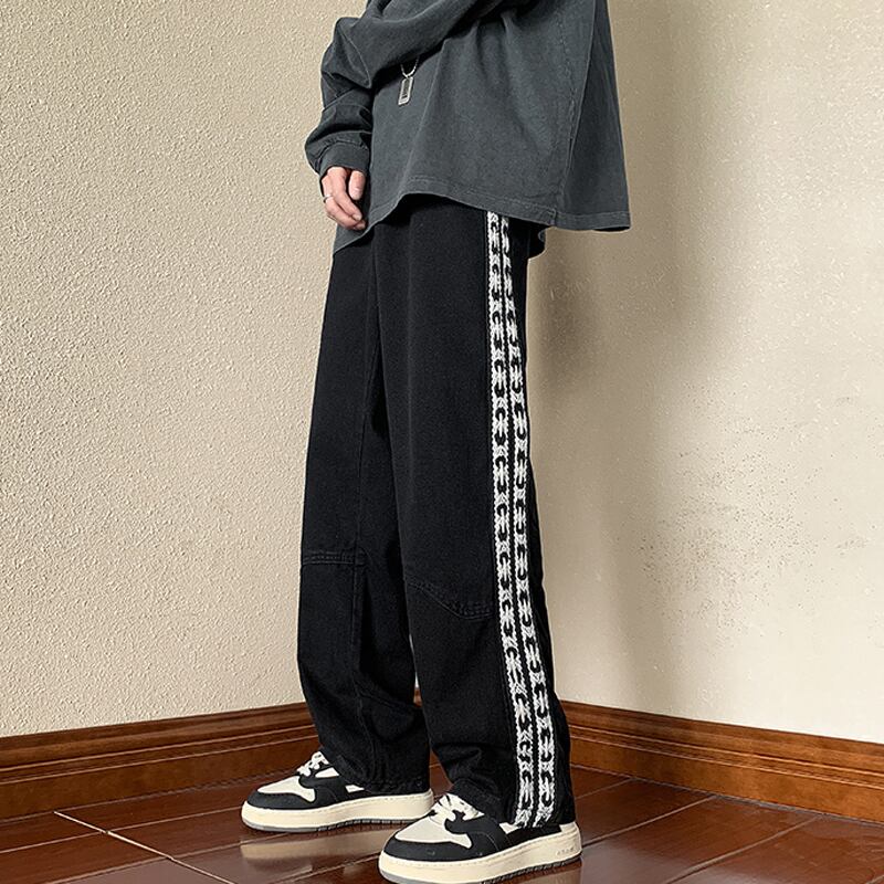 [High Series]★Casual Pants★ 2color Trousers Bottoms Denim Pants Vertical Stripes Plaid Pattern Blue Black