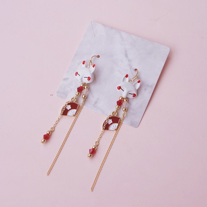 [Dashiro Series] ★Earrings★ Pair Accessories 4 Types Fox Fan Red Gold Cute Long Length 9cm