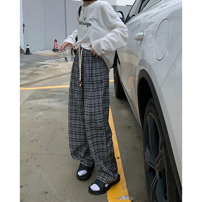 [Kumikumi Series] ★Casual Pants★ 2color Bottoms Trousers Casual Plaid Pattern Black Coffee Color Elastic Waist