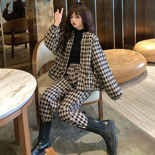 [Myojo Girl Series] ★China style setup★ 2-piece set Chinese clothes, improved Tang clothes, plaid pattern, thick autumn clothes, winter clothes ML XL 2XL