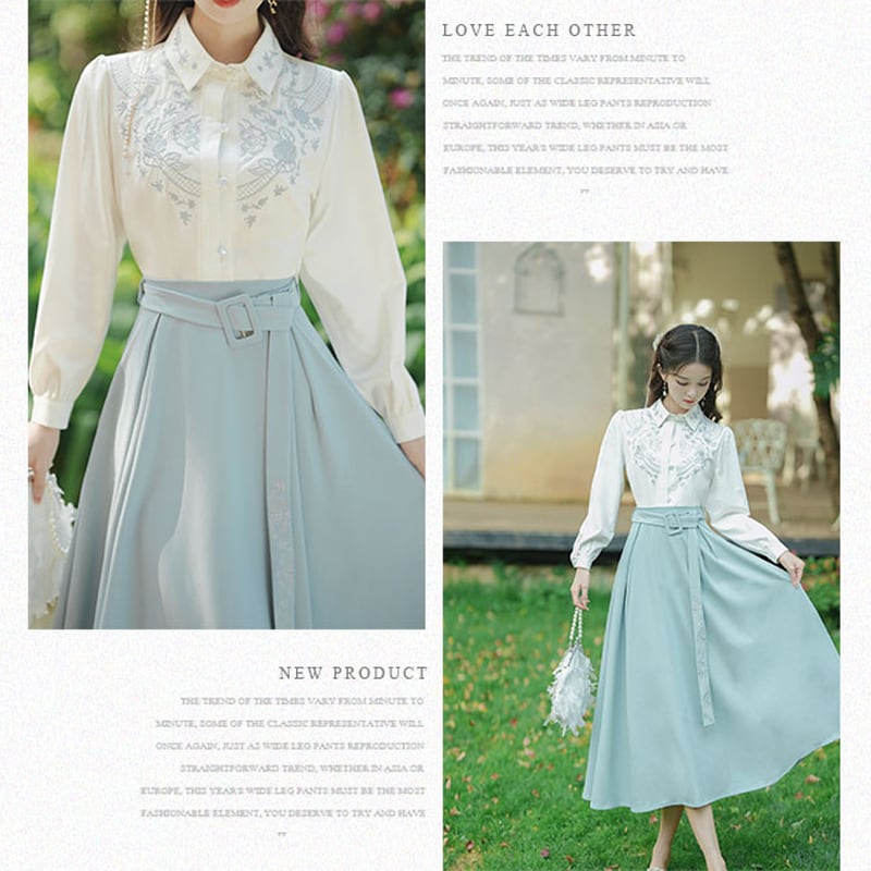 [Tatsuko Chenis Series]★Setup★ 2-piece set shirt + skirt retro embroidery date white blue