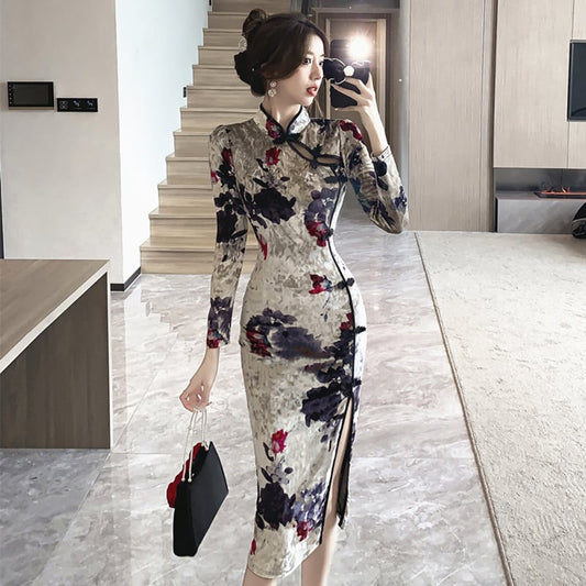 [Hundred Minute Eight Series] ★Cheongsam dress★ Velvet, floral pattern, slimming, sexy, ink pattern dress, improves temperament