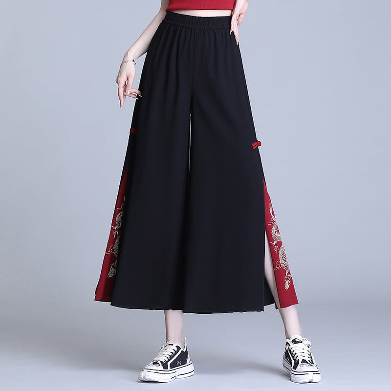 [Aokyu Series] ★ Gaucho pants ★ Chinese style pants, Chinese clothing, ethnic style, bottoms, slimming, black, red, large size