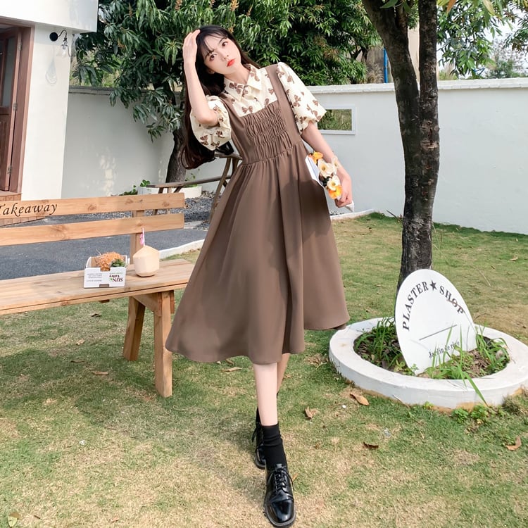 [JIGUJIGU series] ★One piece★ 2color short sleeve fake layered large size floral pattern dress black black brown