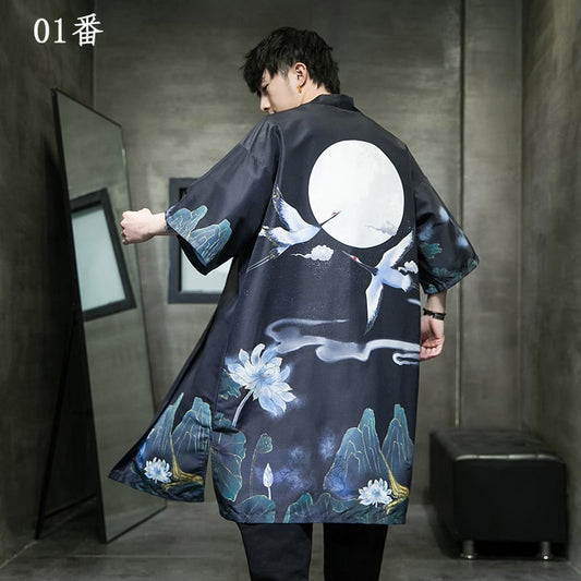 [PINZHI Series]★China style happi coat★ Tops 2color Unisex Men's Large Size Crane Thin Fireworks Festival