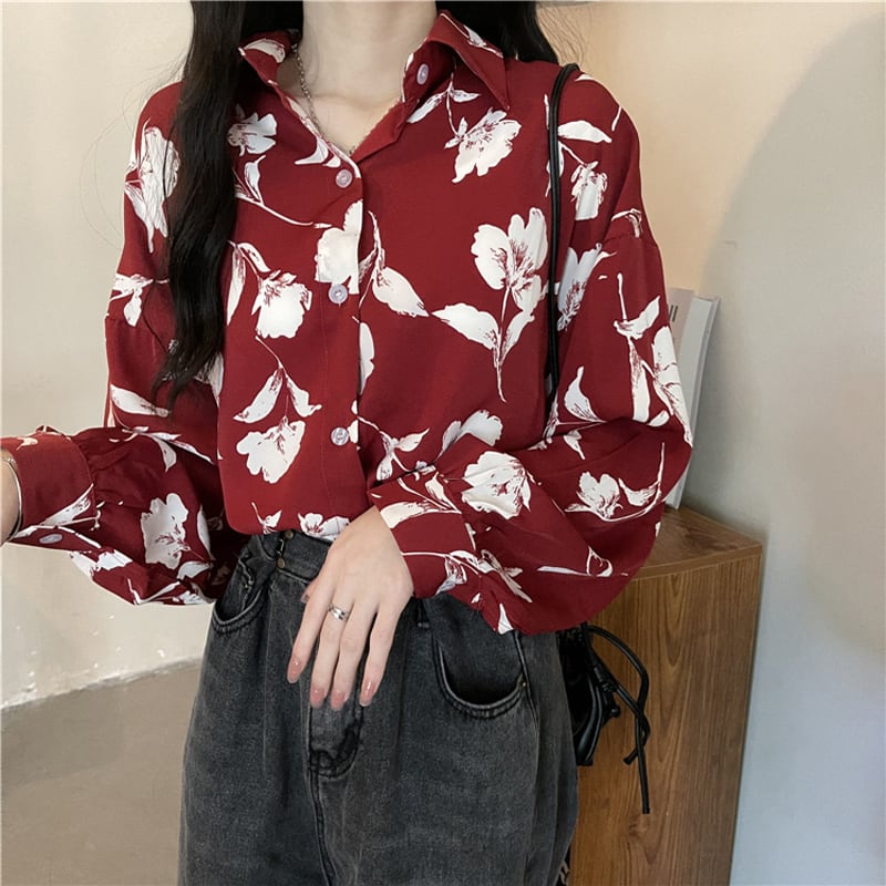 [BUXI Series]★Shirt★ Tops Floral Print Retro Red Red Women's Fashion Long Sleeve