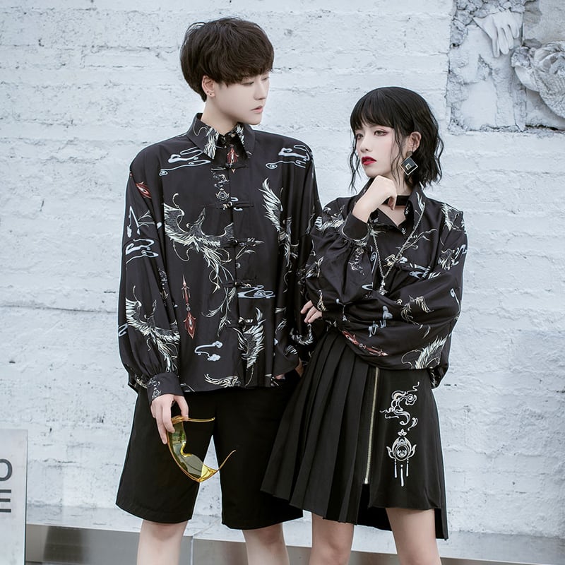 [Kyoto Series]★China style shirt★ 2color original print black red men's couple clothes