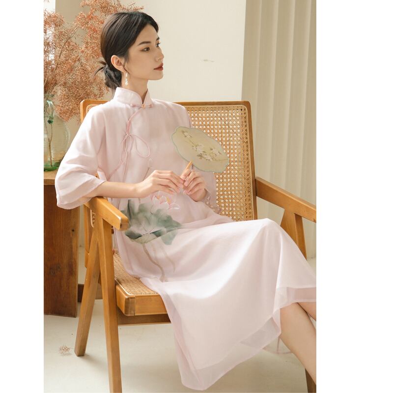 [Shimu Series] ★Chinese style dress★ Elegant Chinese clothes Tang suit Retro print Summer clothes Lotus Pink