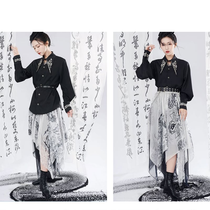 [Kyodo Series]★China style shirt★2color tops embroidery unisex black white black white easy to match