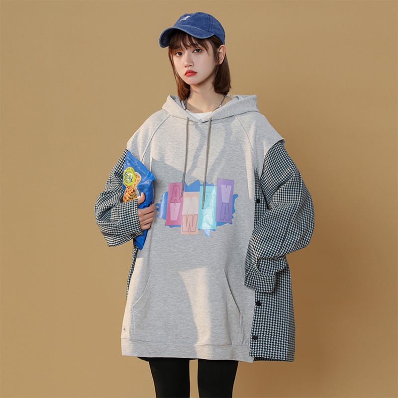 [Fujiiman Series] Cute hoodie 3color unisex men's tops fake layered plaid fashion