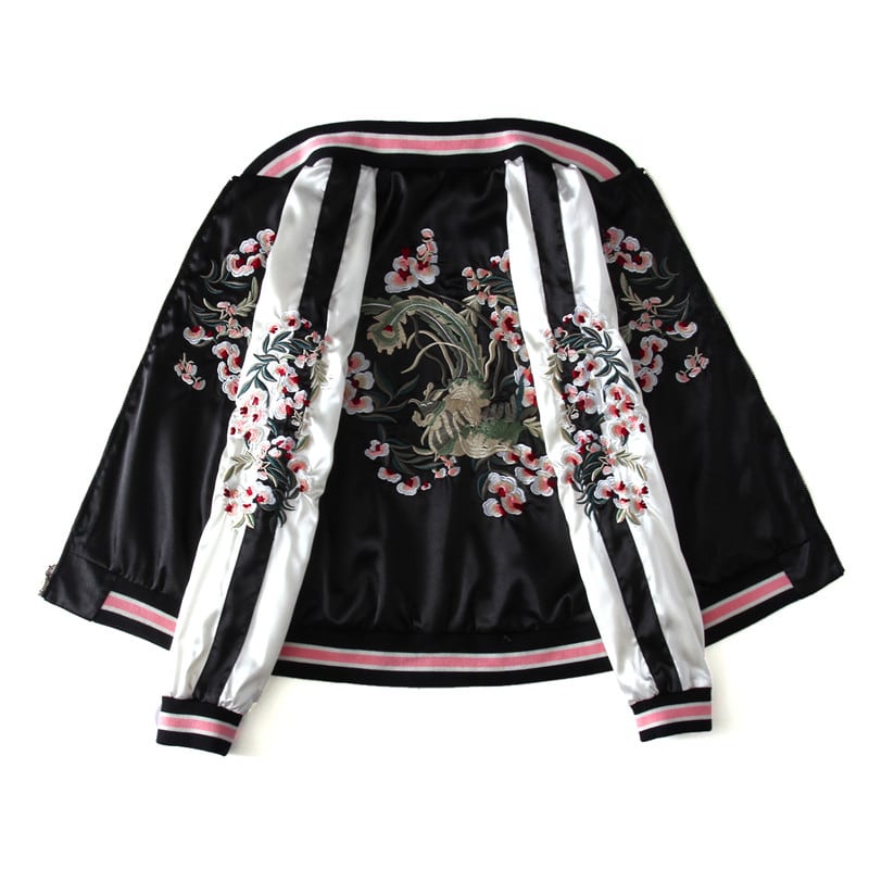 Flower embroidered stadium jacket, double-sided clothing, Chinese style clothing, unisex, couple clothing, pink + black