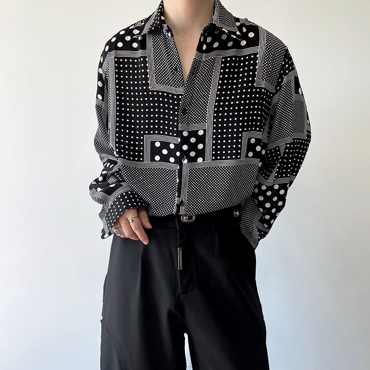 [ZHUIYI Series]★Shirt★ Tops, long sleeve shirt, plaid pattern, dot pattern, unisex, men's, thin, cool, black, black