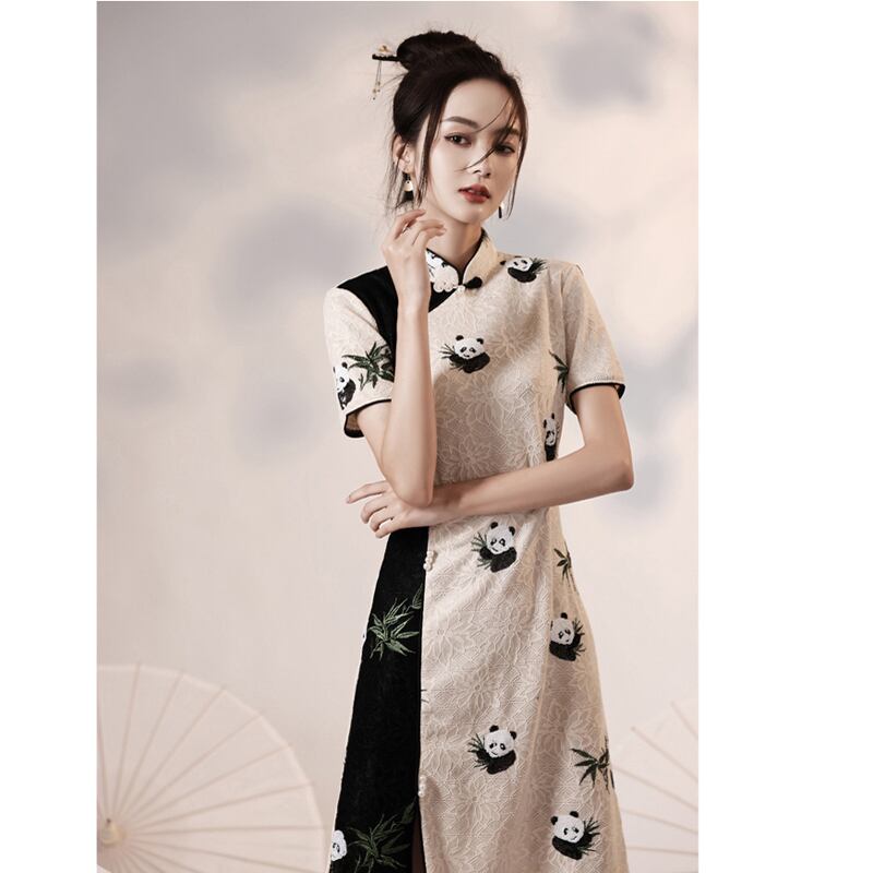 [Yukaku series] ★Cheongsam dress★ China dress Lace Improves temperament Panda Color scheme Beige