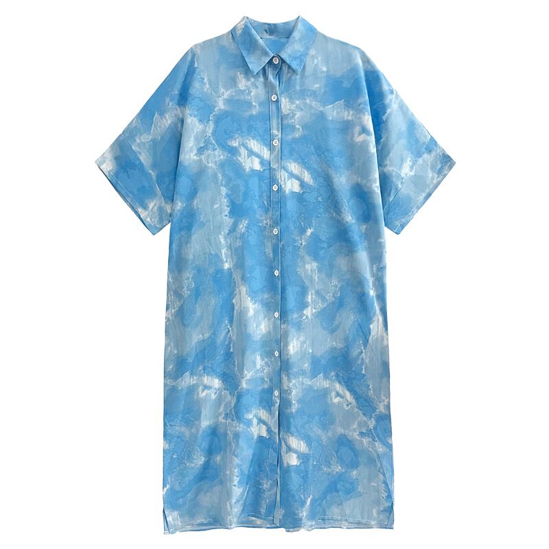 【YIDAOシリーズ】★シャツワンピース★ 2color ロングシャツ プリント レトロ 花柄 ゆったり ブルー グレー 夏服