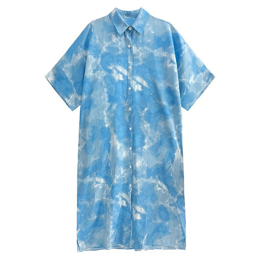 [YIDAO Series]★Shirt dress★ 2color long shirt print retro floral pattern loose blue gray summer clothes